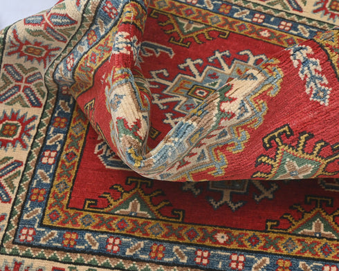 3x5 Red Kuba Afghan Hand Knotted Wool Area Rug